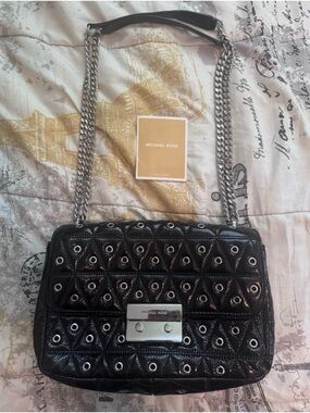 Michael Kors Black Quilted Eyelet Chain Shoulder Bag with Silver Hardware